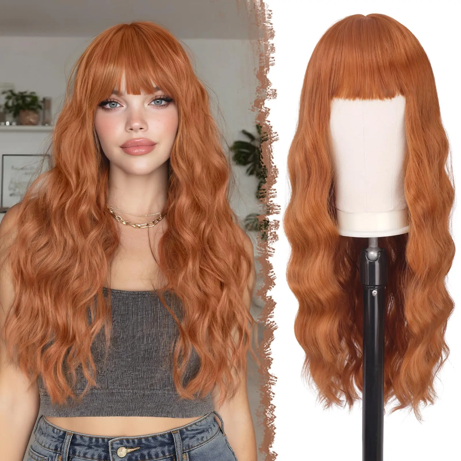 Orange color with long wavy hair synthetic wig, hot hair wig set for Halloween party cosplay role-playing wig, daily wig