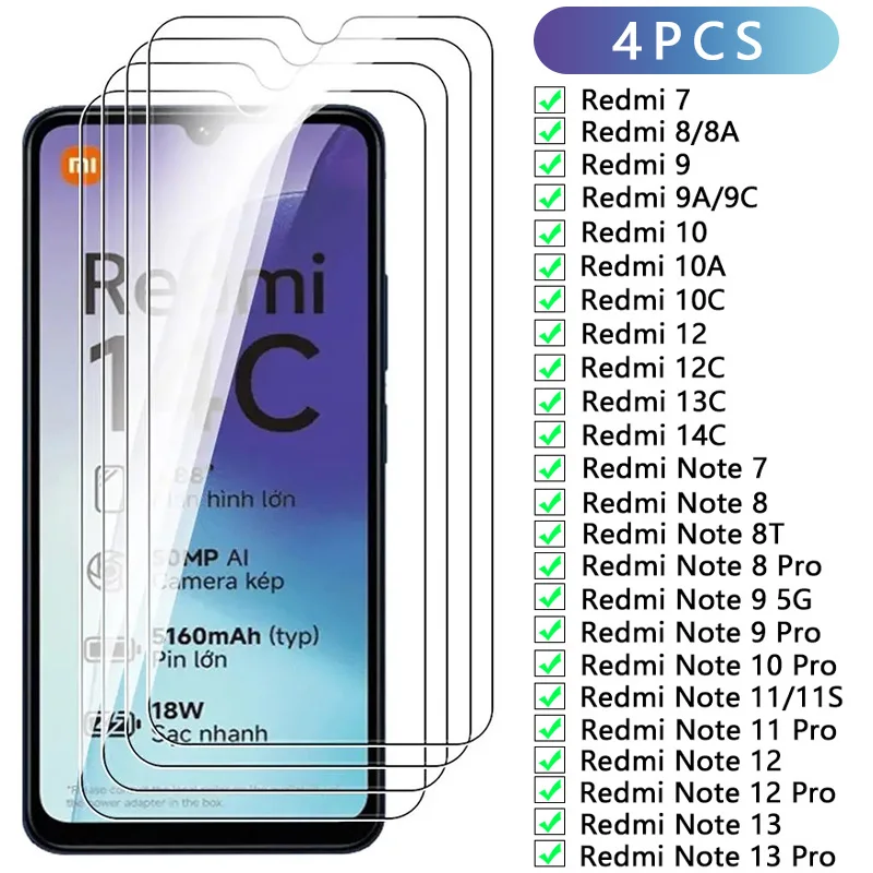 4PCS Full Tempered Glass For Xiaomi Redmi Note 7 8T 9 10 11 12 13 Pro Screen Protector For Redmi 7 8