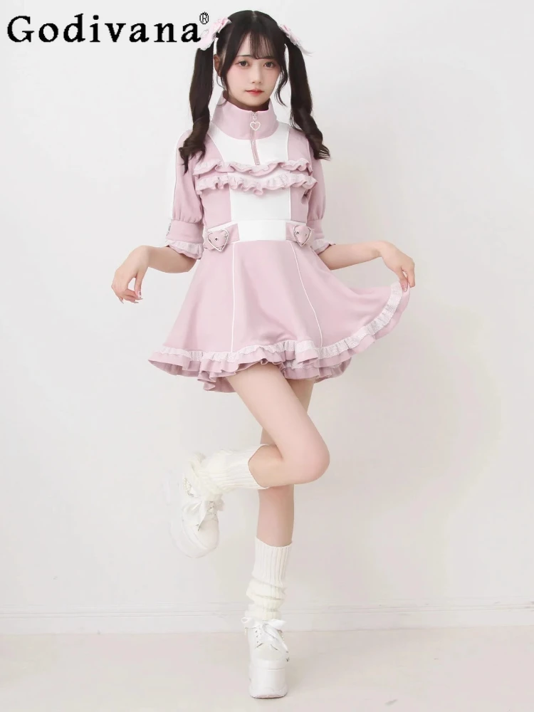 

Japanese Sweet Cute Heavy Industry Dresses Set Spring and Autumn Women's Slim-Fit Short-sleeved Tops Shorts Set Mine Sportswear