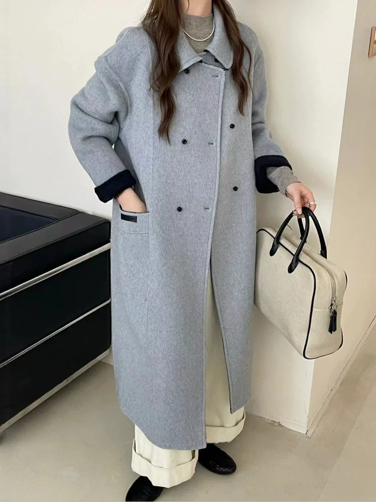 ZMEENNA femmes Double boutonnage Long manteau laine mélange vêtements d'extérieur avec revers cranté décontracté coupe ample veste ZM3967