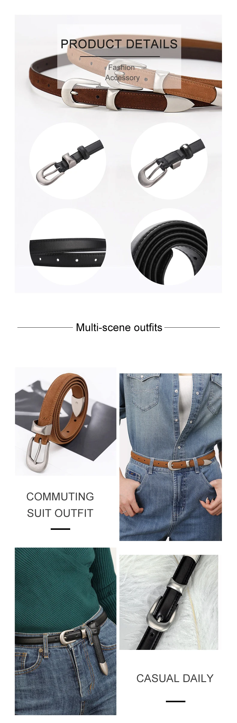 Retro-Silberschnalle, dünner Gürtel für Damen, Rindsledergürtel, schwarze Verzierung, vielseitig kombinierbar mit Jeansjacke, echter Ledergürtel. – Detail 3