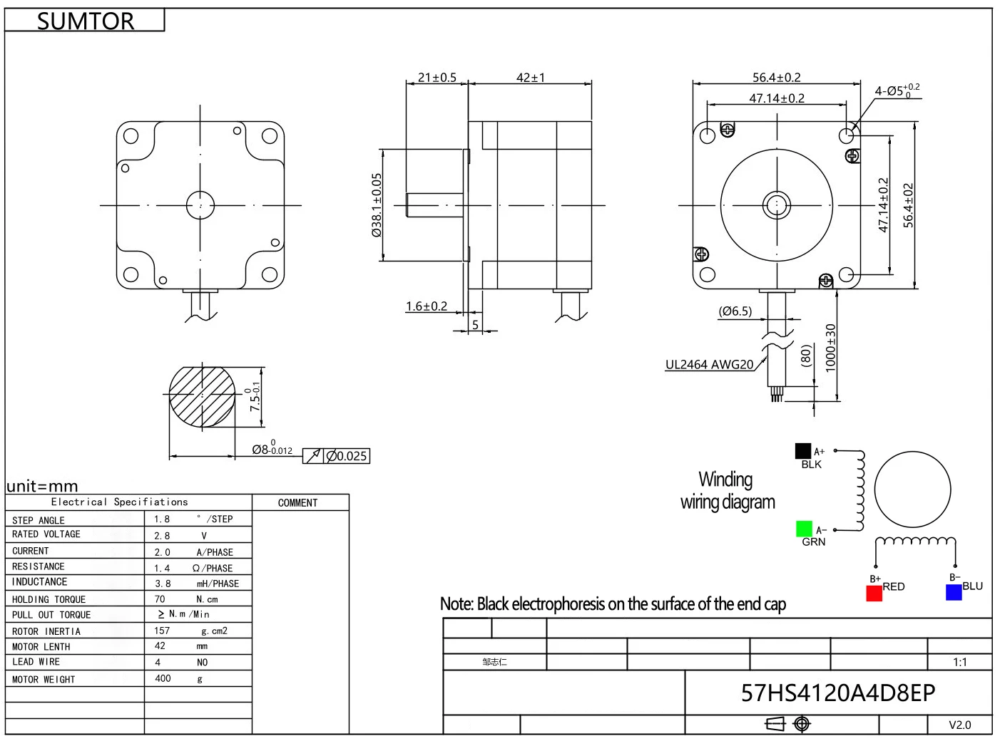 4-Wire NEMA23 Stepper Motor 0.7N.m Length 41mm Current 2A Single Shaft Step angle 1.8° Shaft diameter 6.35mm/8mm Stepping Motor