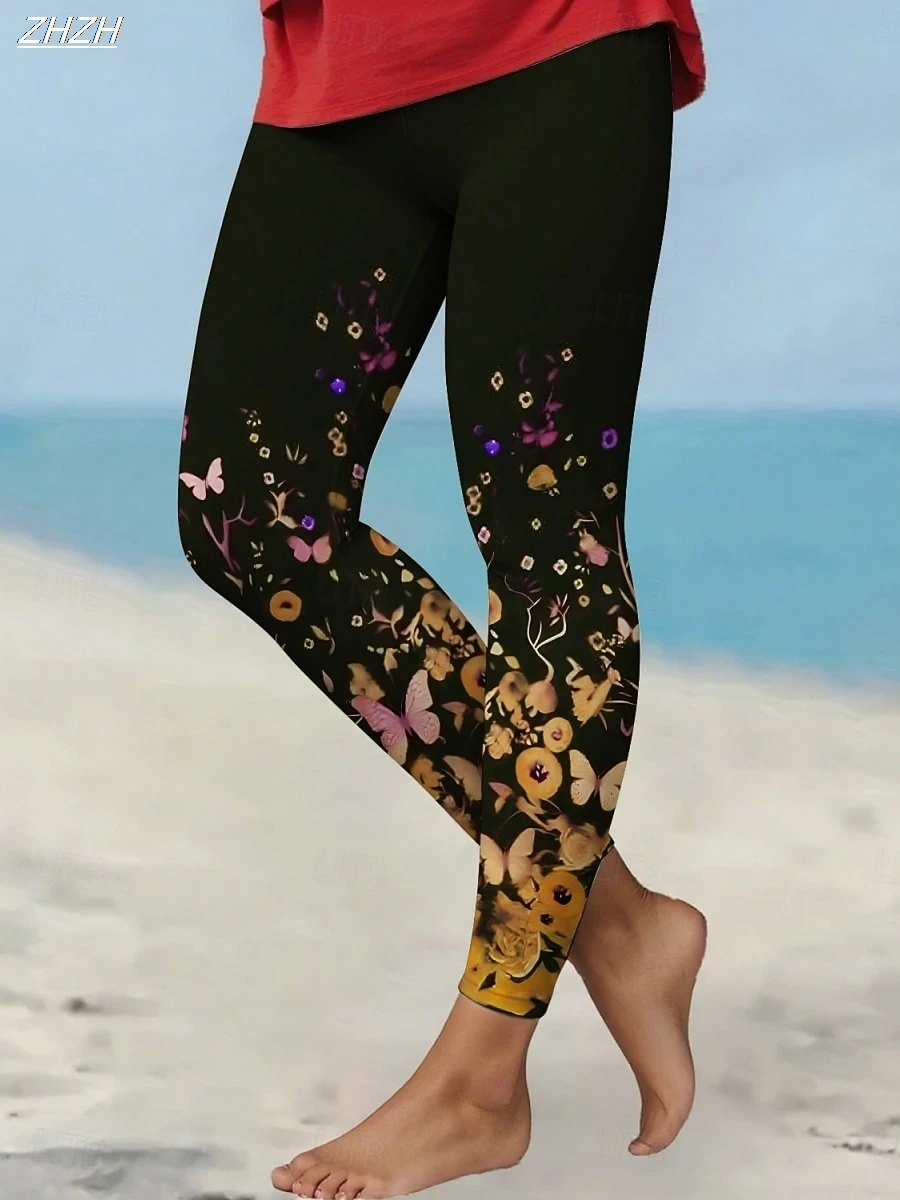 Leggings femininas flor impressa calças ao ar livre poliéster elastano estiramento cintura elástica, controle outono inverno streetwear