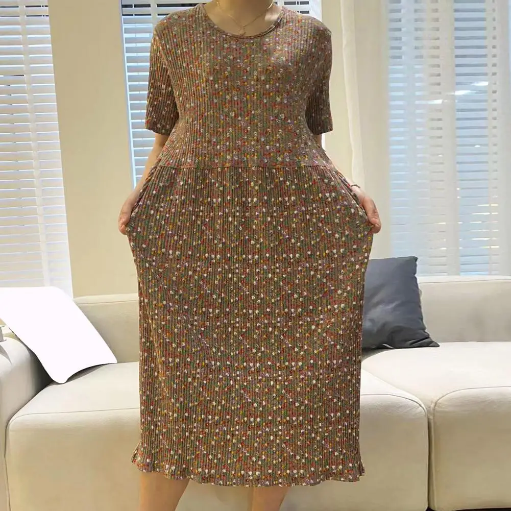 

Floral Dress Floral Print Midi Dress for Women Pleated Crew Neck Summer Dress Stylish Short Sleeve Pullover for Dating Shopping