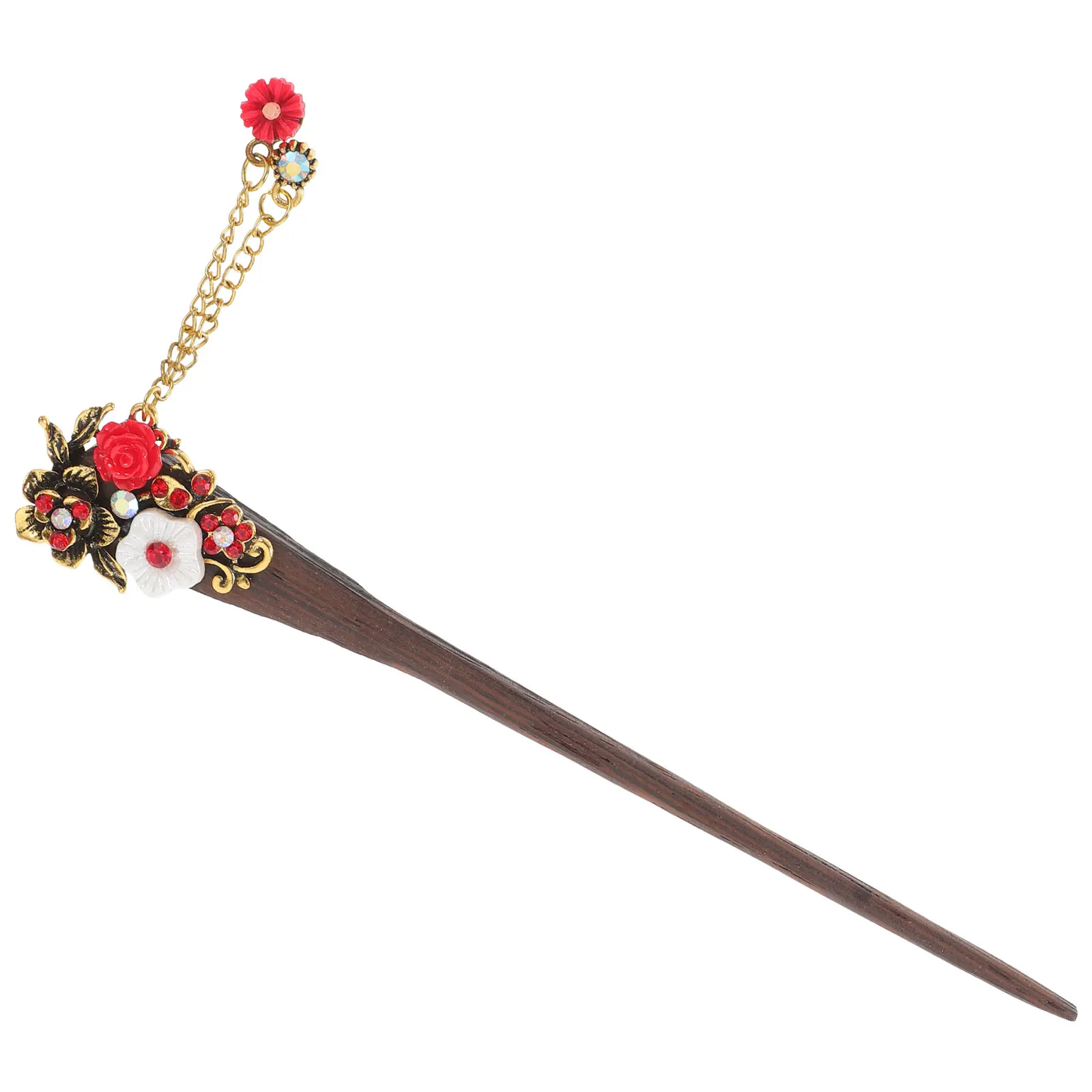 

Vintage Wooden Hair Stick Bronze Flower Pearl Chain Hairpin Retro Traditional Hair Styling for Wedding Dancing Party