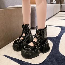 Goth Style Women's Platform Sandals Boots Buckle Straps High Heels 9 cm Fashion Dress Pumps Wedge Heel Side Zipper Shoes Women