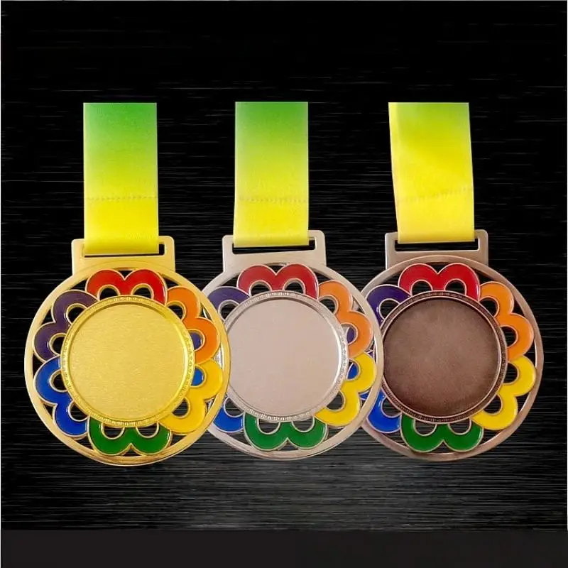 1Pcs Flowers Colour Medal With Color Ribbon Gold Silver Copper Color Blank Medals Suitable For Various Competitions Souvenir