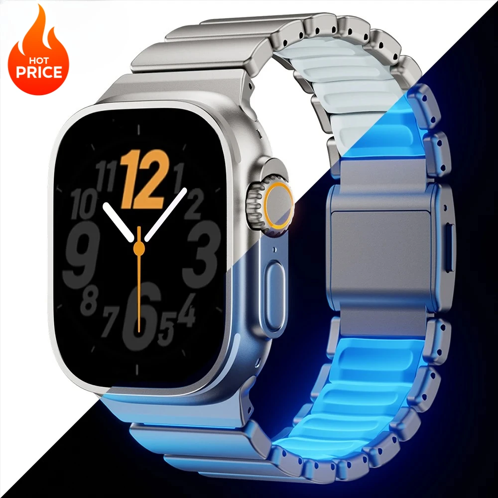 Luminous Titanium Strap for Apple Watch Ultra 3 2 1 49mm S10 S11 46mm Magnetic Buckle Band for Iwatch 9 8 7 45mm 6 5 4 SE3 44mm