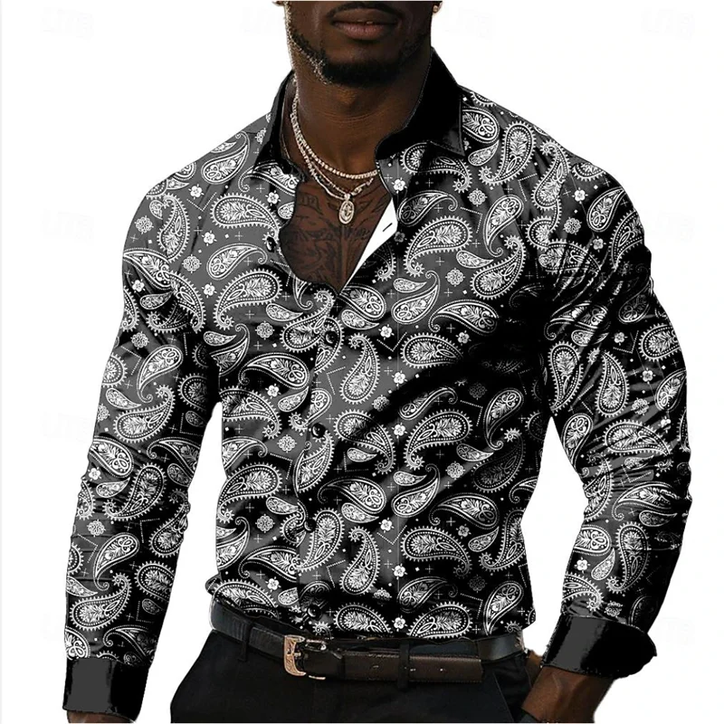 Abstract Linear Business Casual Men\'s Printed Shirt Party Street Vacation Fall Spring Summer Lapel Long Sleeve Black/Red XS-6XL