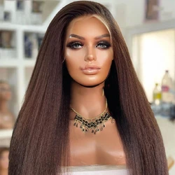 26'' Chocolate Brown 180Density Kinky Straight Lace Front Wig For Women BabyHair Glueless Preplucked Heat Resistant