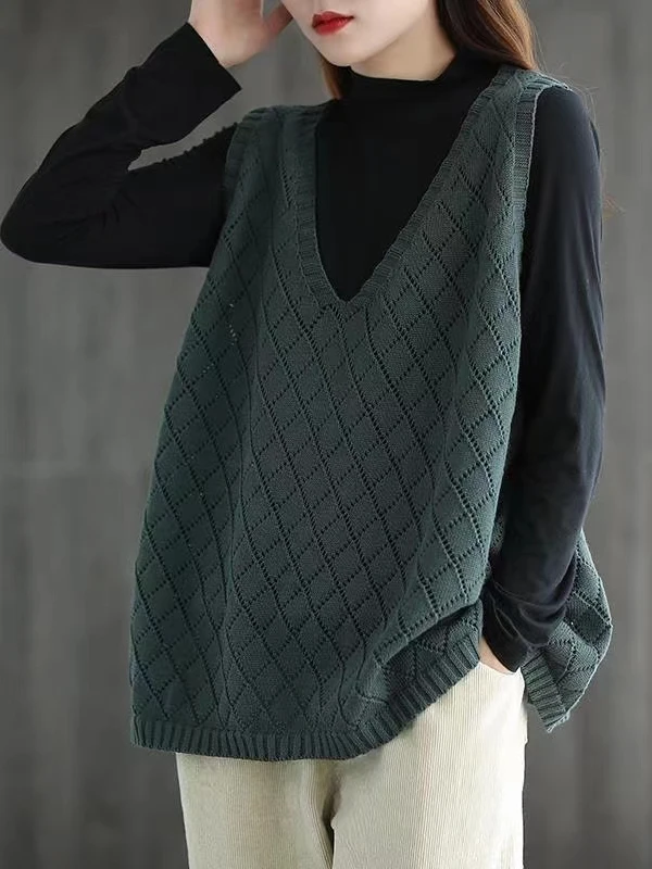 

Retro Artistic Casual Knitted Vest Hollow out V-Ne Tagl Spring Autumn Line Big Brand One-Line Label Tailend Single Piece