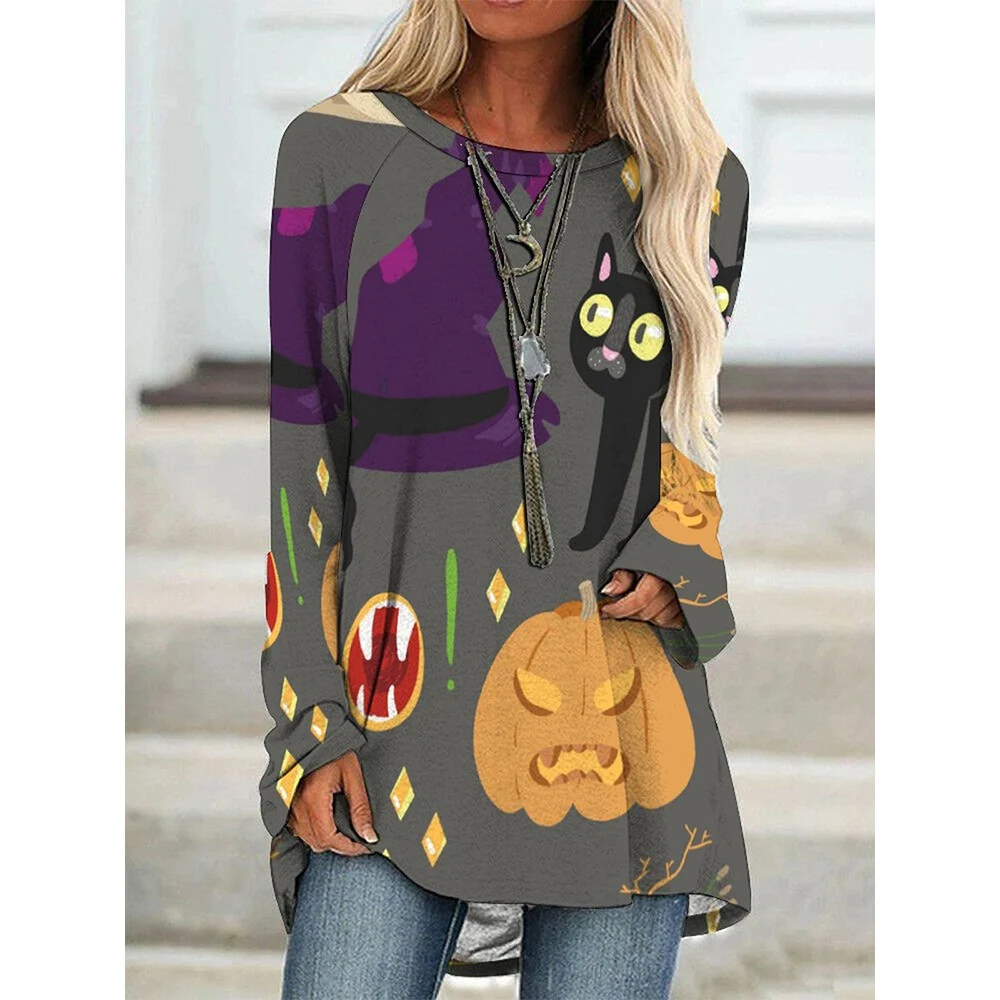 CLOOCL Damen-T-Shirt mit Rundhalsausschnitt, schwarze Katze, Zaubertrank-Aufdruck, Herbst, lange Ärmel, Pullover, Damen-Geschenke für Halloween