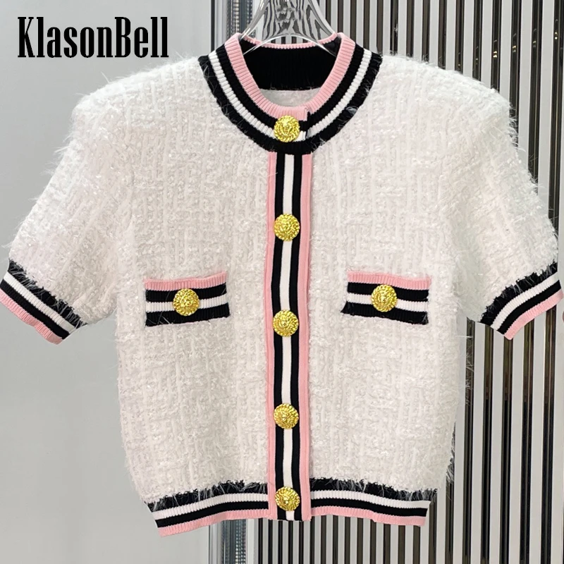 6.14 KlasonBell Women Elegant Sweet Striped Gold Button Short Sleeve Knit Cardigan Top Or Package Hip Short Skirt Set