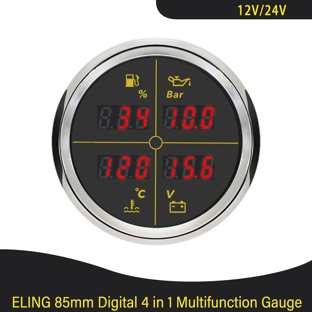 Car Marine Digital 52mm 85mm 4 in 1 Multifunction Gauge with Fuel Level Oil Pressure Water Temp. Voltmeter and 8 Color Backlight