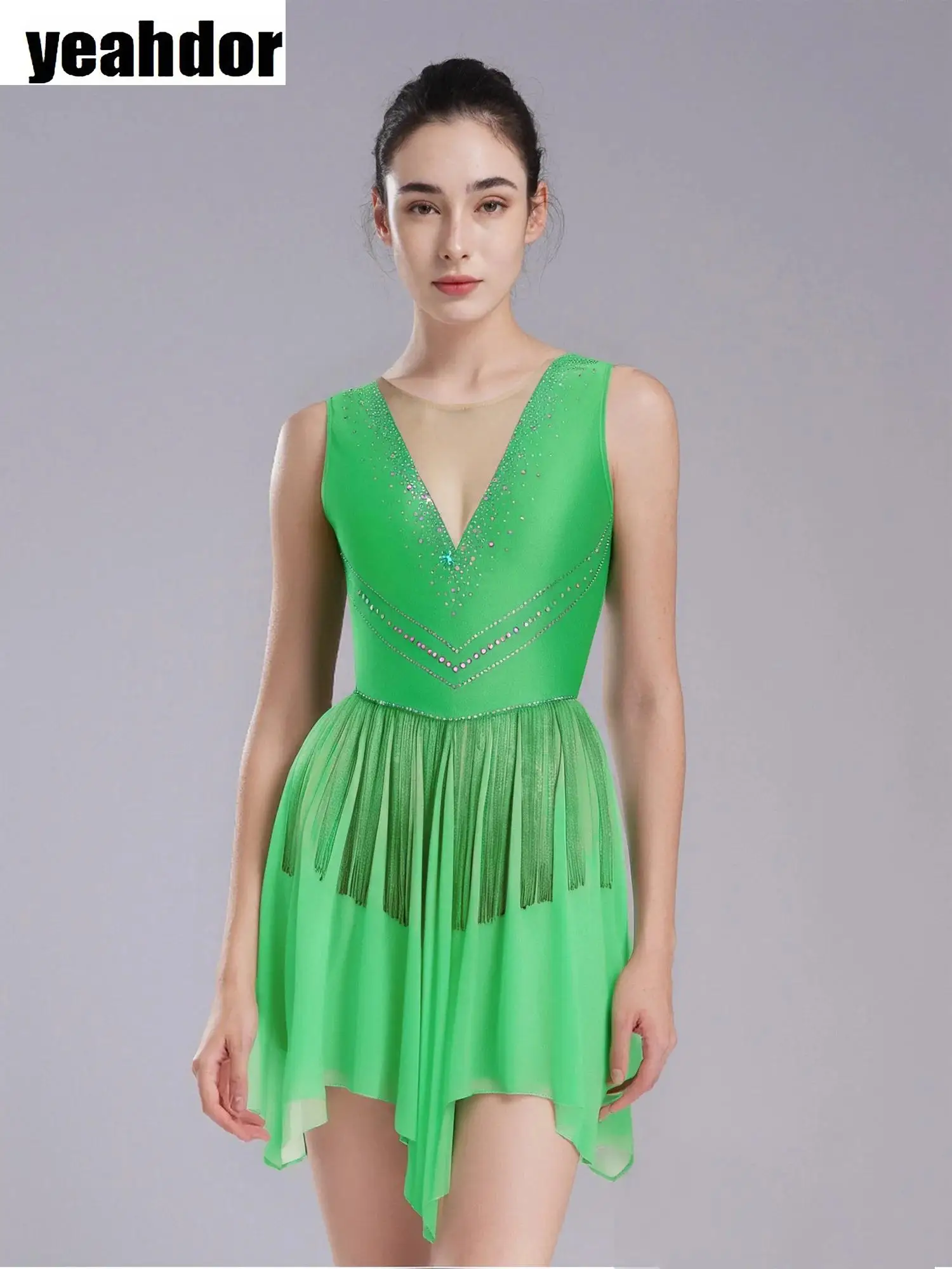 

Women Gymnastics Figure Skating Dress Rhinestones Tassel Ballet Leotard Dress Sleeveless Mesh Latin Lyrical Rhythmic Dancewear