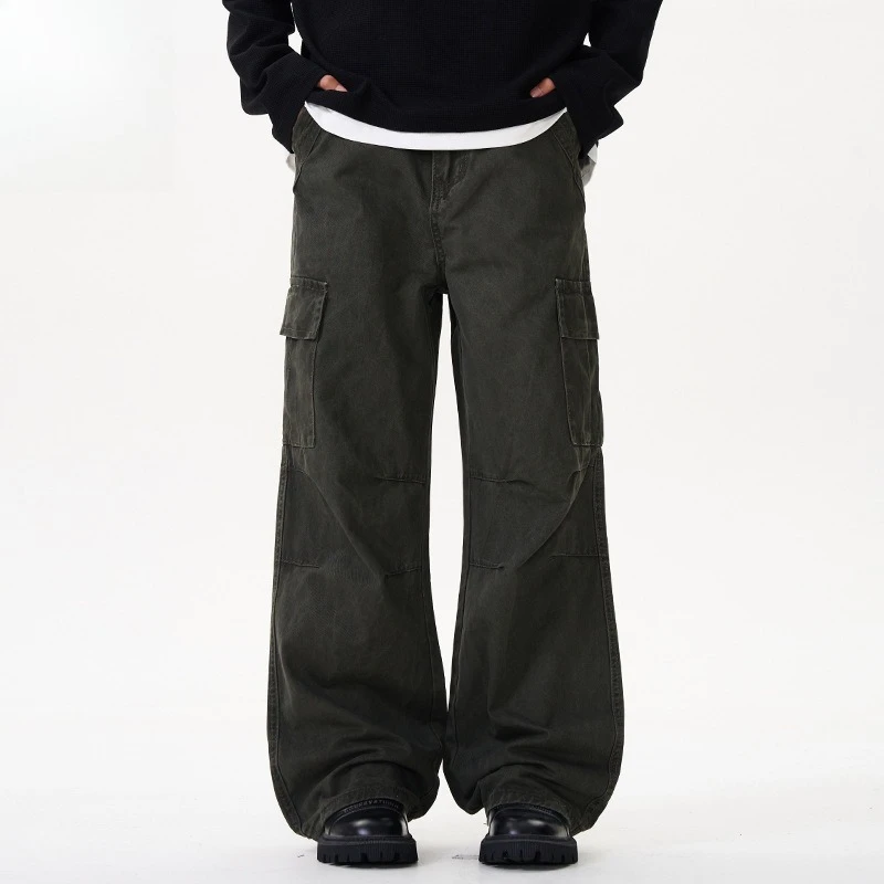 

Men's Casual Pants Washing Draping Solid Color Straight Multi Pockets Washing New Wide Leg Baggy Male Bottom Simple