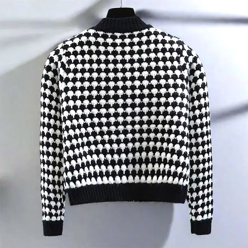 Bow Black Plaid Dot Knit O-Neck Bow Long Sleeve Women\'s Cardigan Single Breasted Sweater Cardigan For Women Clothing Fashion