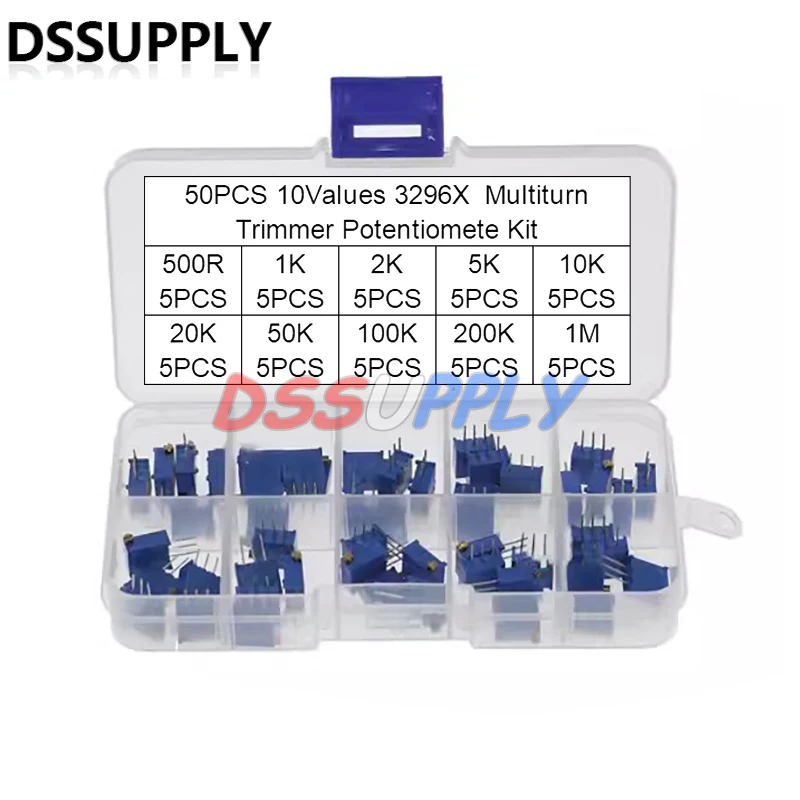 50PCS 3296 3296X Multiturn Trimmer Potentiometer Kit High Precision 500R~1MΩ Variable Resistor With Free Box Electronic Diy Kits