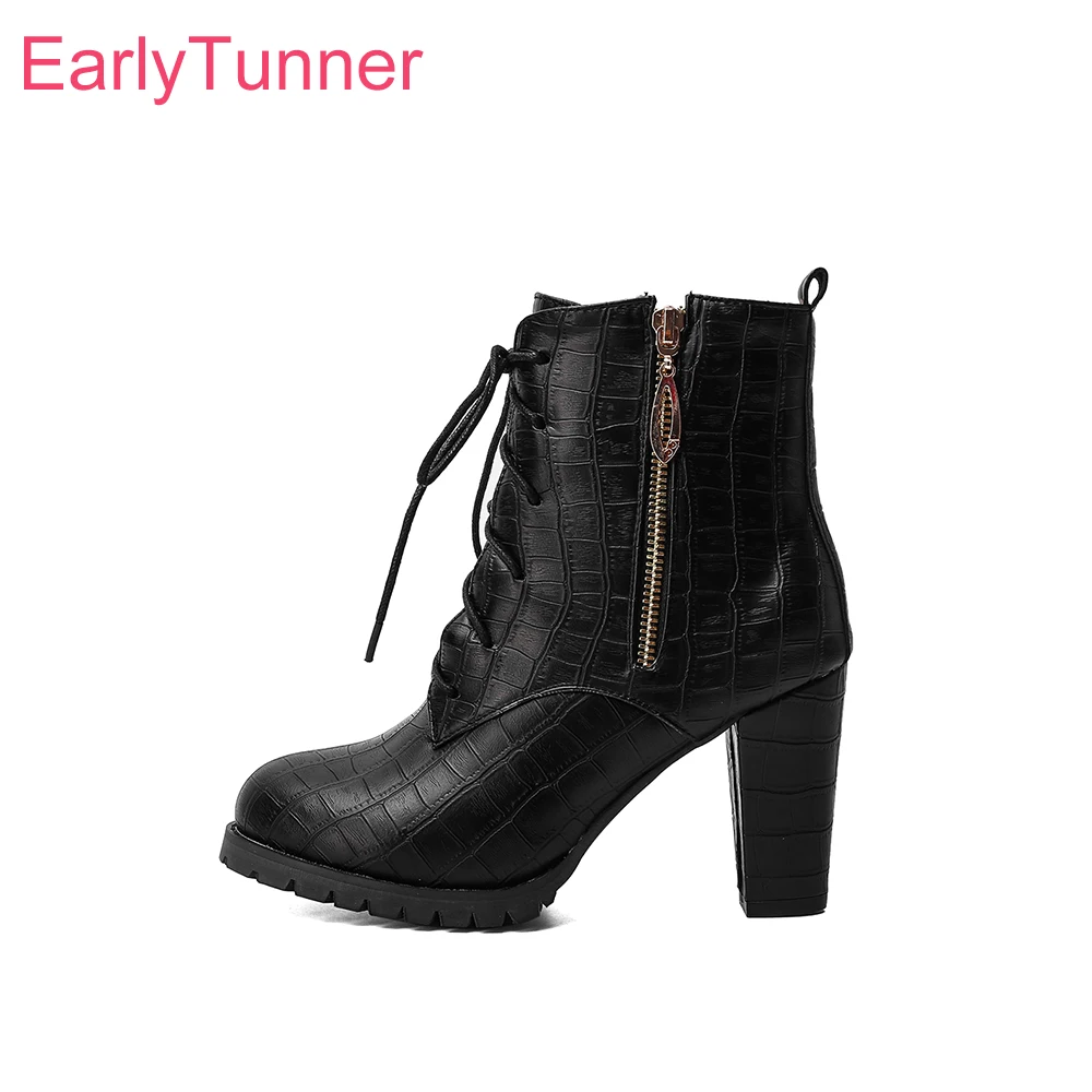 2026 Winter Lolita Women Ankle Boots Round Toe High Block Heel Lady Dress Shoes Large Small Plus Size 11 32 44 48 Lace