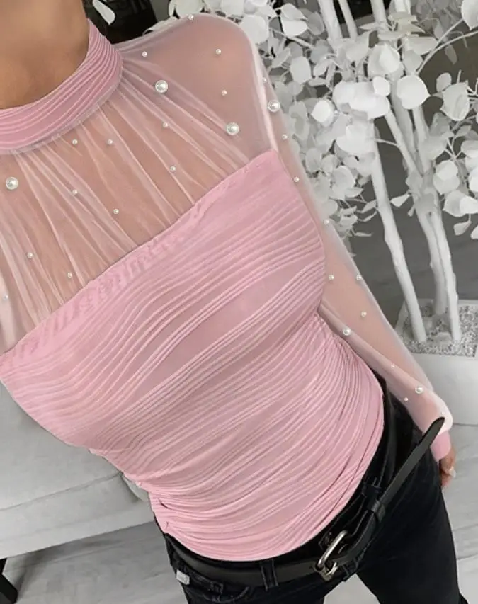 المرأة مثير تي شيرت اللؤلؤ ديكور عالية الرقبة فانوس كم بقماش شفاف تقسم المحملة امرأة موضة سليم محكم #6