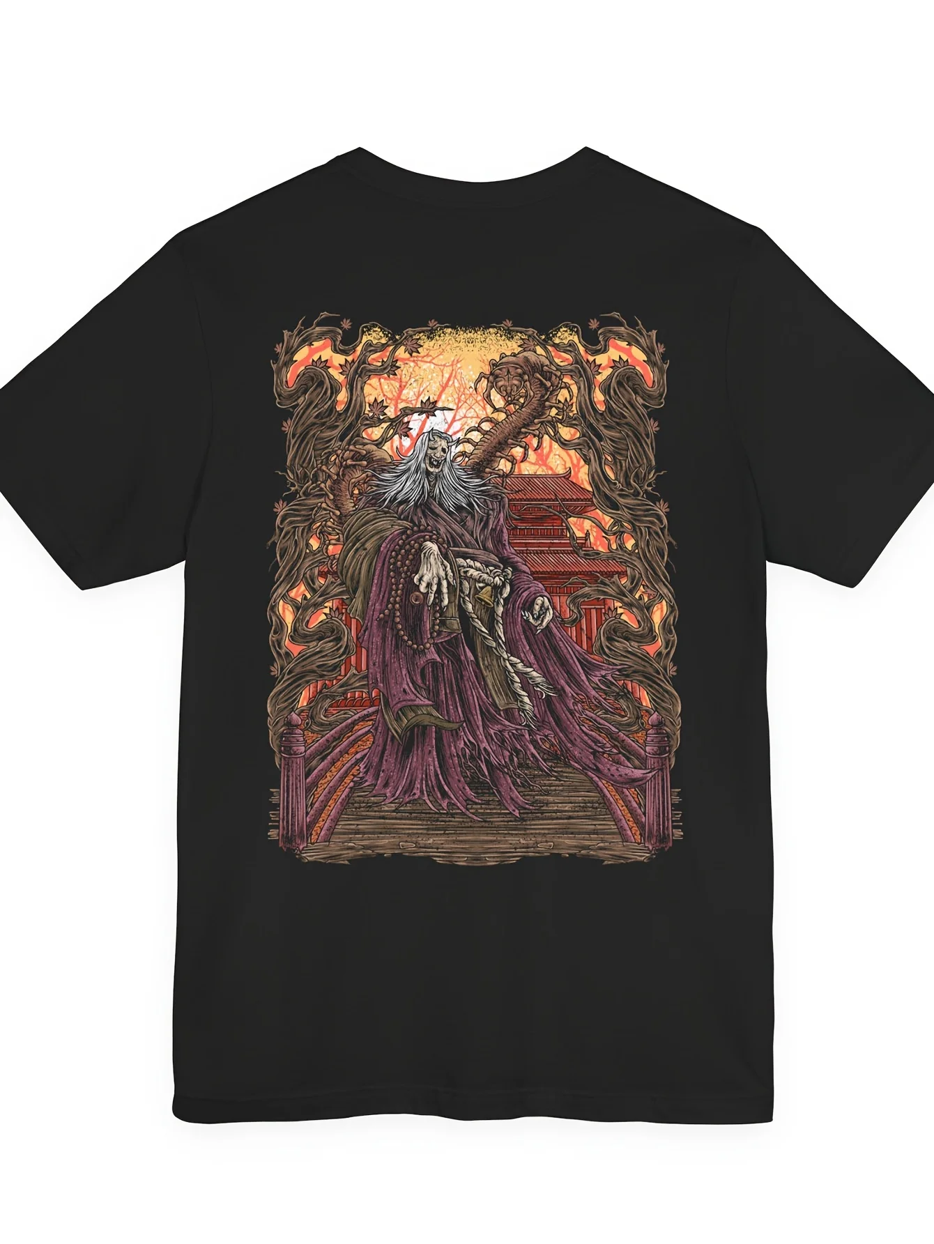 Dark Fantasy Corrupted Monk Temple Warrior Double-Sided Graphic Print T-Shirt Grim Spiritual Perfect for Dark Fantasy Fans