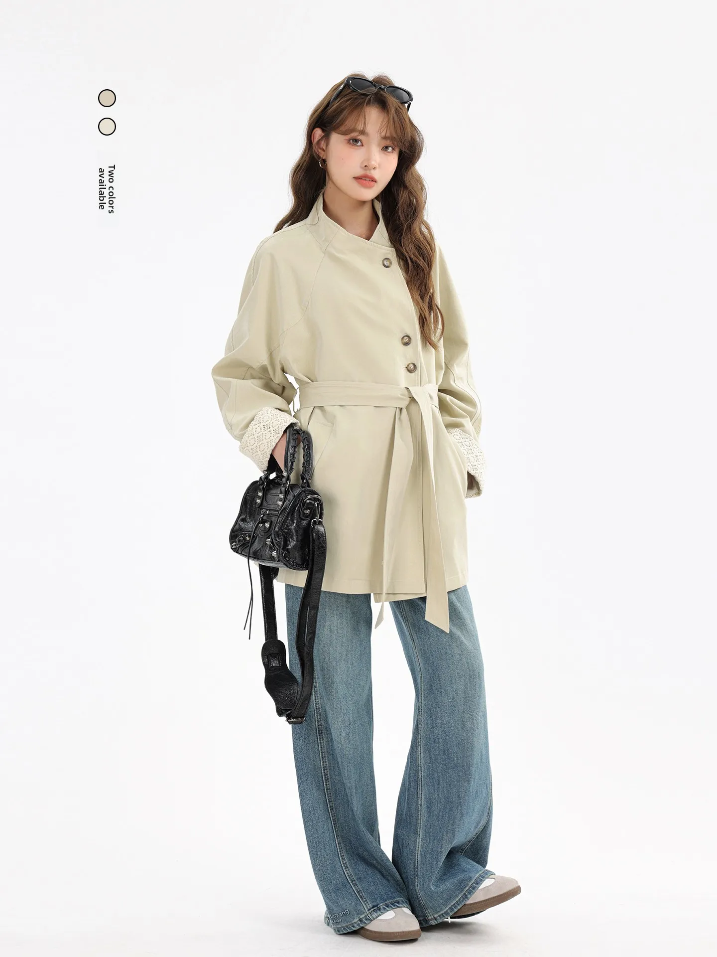 

Весна 2024, ветровка средней длины с воротником-стойкой Briti Sle, модный пояс, кружевное пальто с манжетами Sve, верхнее...