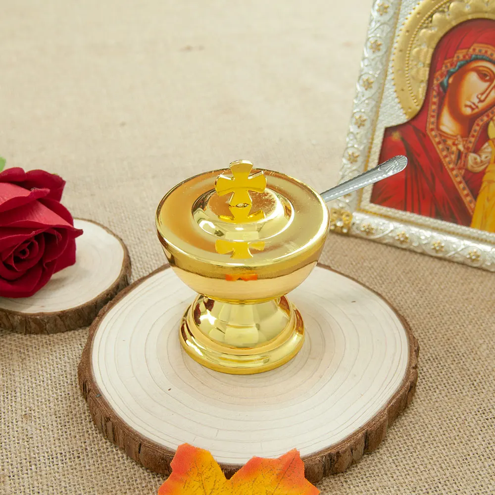 كأس التواصل الكأس المقدسة مع ملعقة سبائك الزنك تصميم الصليب الذهبي لوازم الكنيسة الشامل للاحتفالات الدينية القربان المقدس