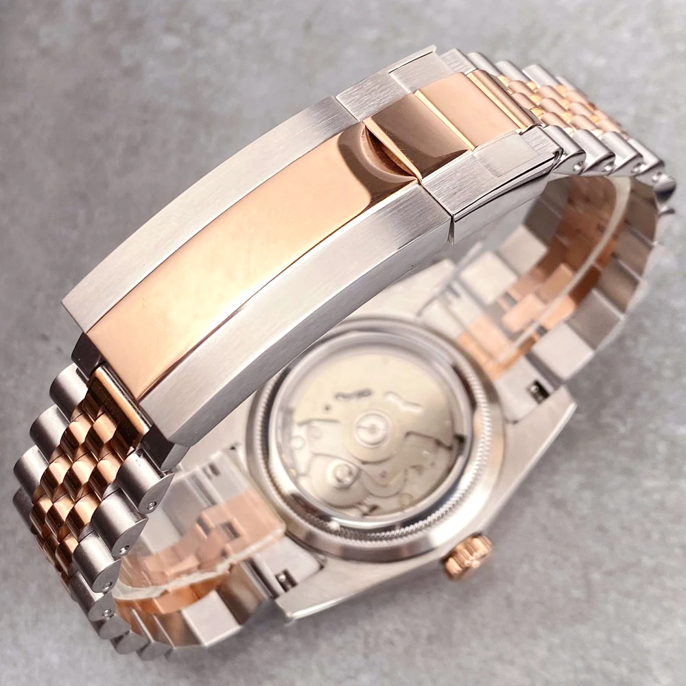 تخصيص اثنين من لهجة ارتفع الذهب حالة DJ MOP أم اللؤلؤ الهاتفي 36/39 مللي متر الياقوت NH35A غواص ساعة الرجال 20ATM التلقائي