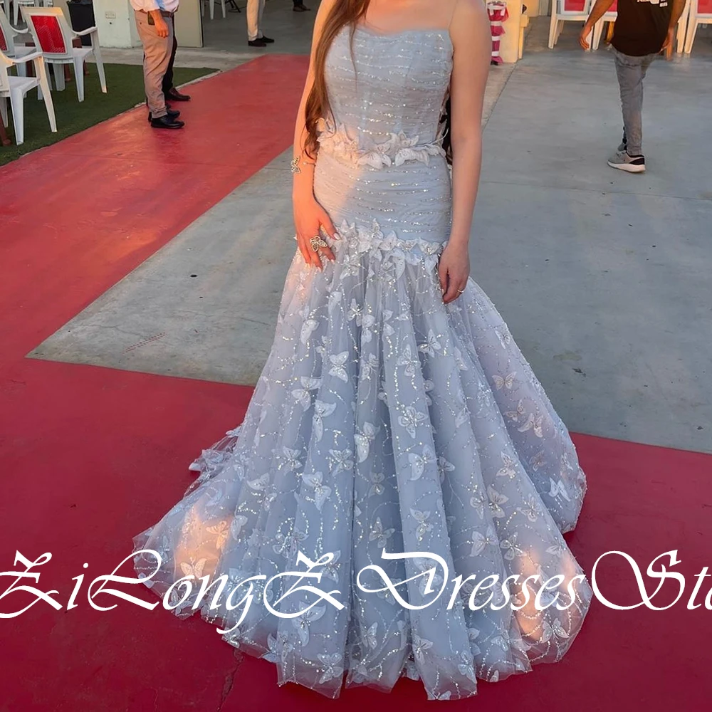 Vestido de noche de lentejuelas de encaje con apliques de temperamento y alta calidad, tren de barrido sin mangas, tul, tirantes finos, vestidos sin tirantes