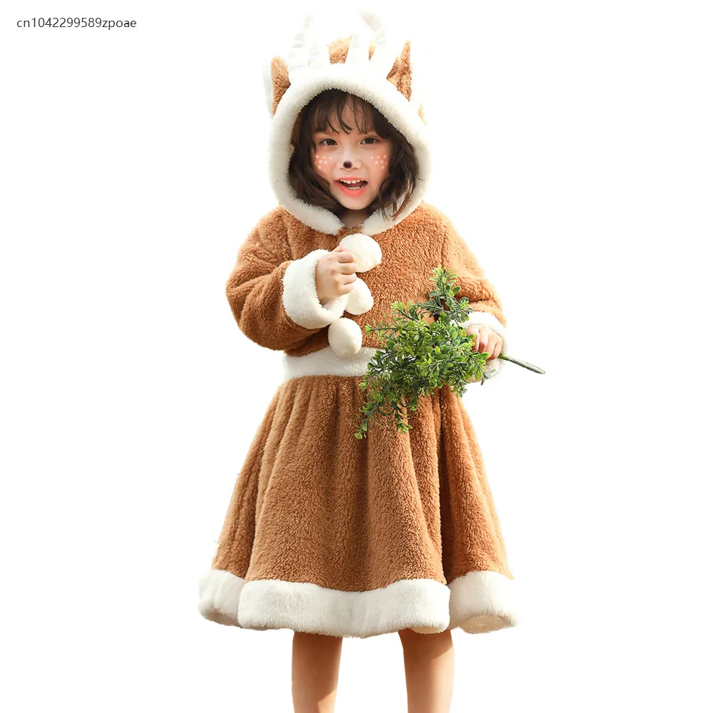 

Christmas Cute Reindeer Elk Hooded Dress Girl Cosplay Costume Warm Coral Fleece Home Clothes Pajamas Parent-child Outfit 2025