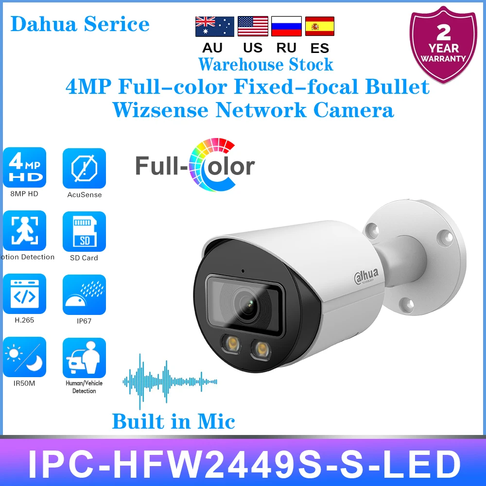 Dahua Serice IPC-HFW2449S-S-LED 4MP Full-color Fixed-focal Bullet Wizsense Network Camera Built in Mic IP67 protection