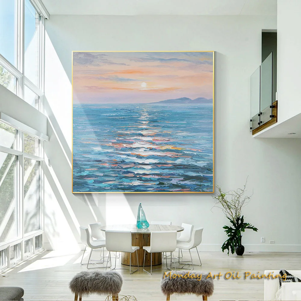 Large Abstract Hand Painted Modern Oil Painting Ocean Colorful Sunset Palette Knife Wall Art Heavy Texture Fedex Shipping Cost