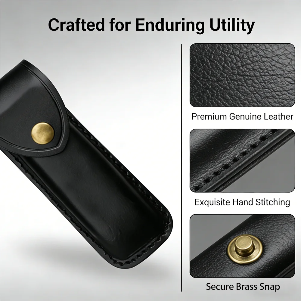 High- Quality Folding Knife Universal Two-layer Cowhide Leather Sheath  Knife Case Hand-carved Scabbard Knife  with Belt Buckle view 6