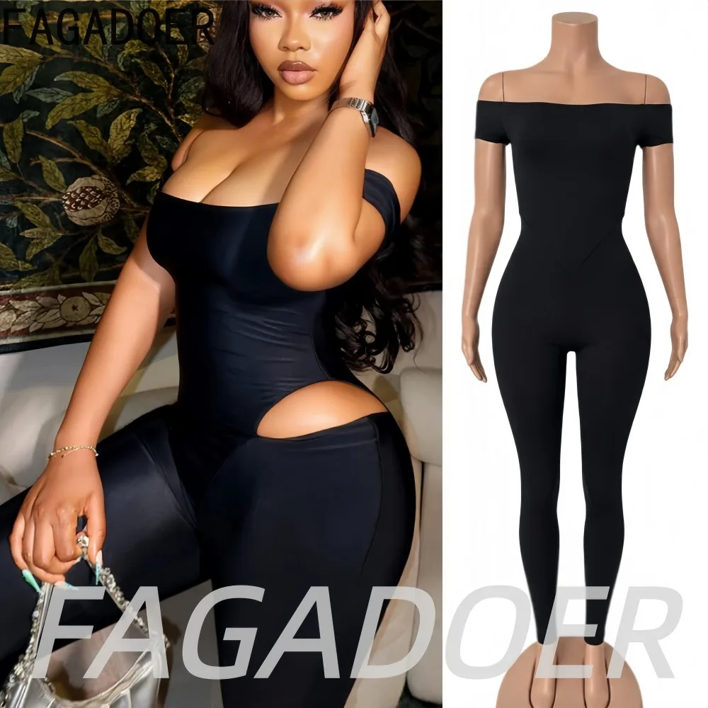 FAGADOER Sexy Black Off Shoulder Bodycon One Piece Jumpsuits Fashion Waist Hollow Out Short Sleeves Rompers Streetwear Playsuits