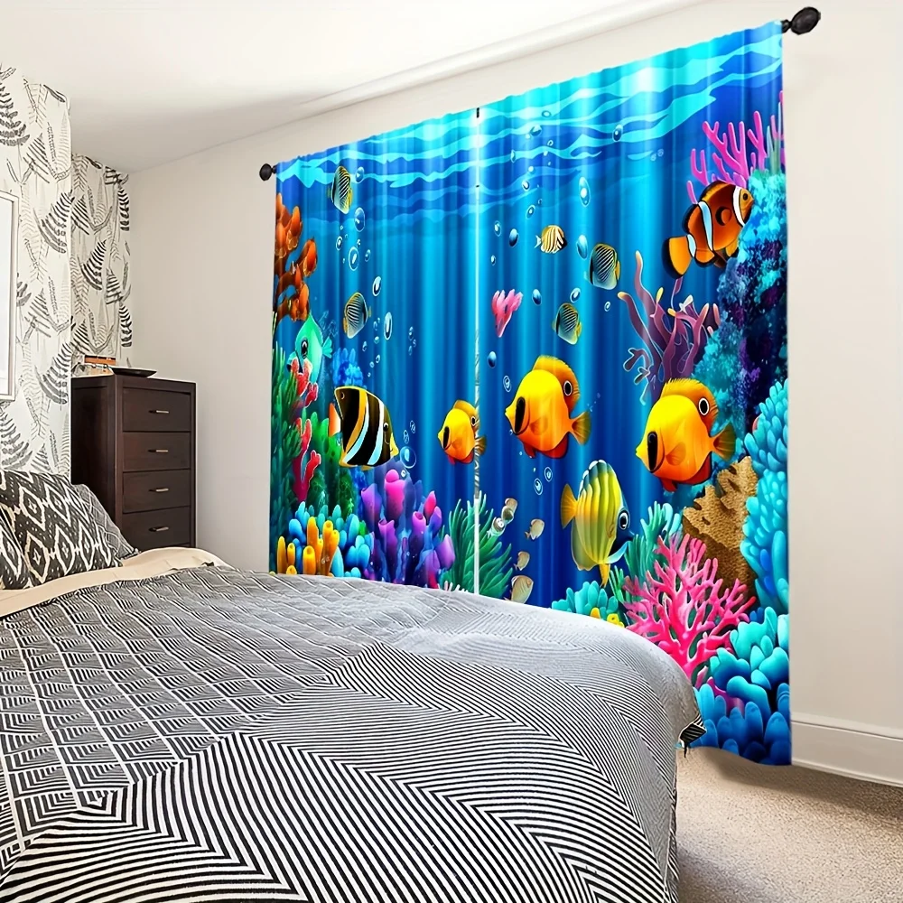 2pcs Clownfish Coral Curtains Bright Reef Fish Bubble Print Drape Bathroom Bedroom Window Treatment Vibrant Aquarium Theme Decor
