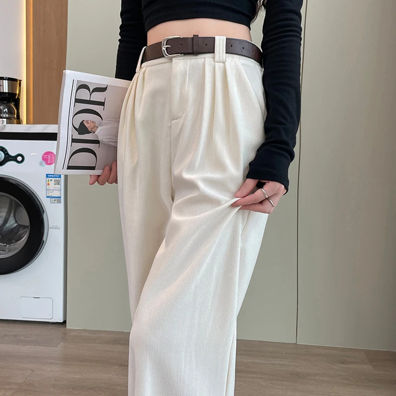 Vintage High Waist Corduroy Pants Women Autumn Winter Straight Causal Full Length Trousers Korean Fashion All Match Black Pants