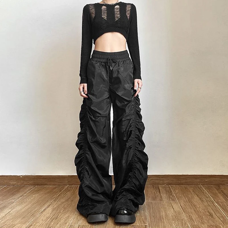 

Streetwear Trend Women Folds Design Trousers Fashion Y2K High Waist Loose All Match Female High Street Casual Wide Leg Pants