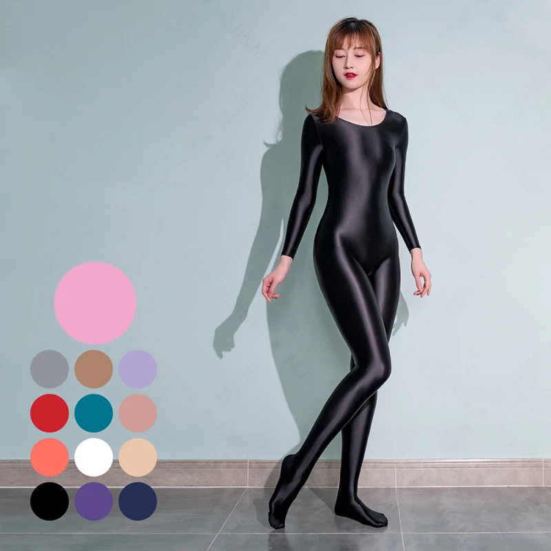 MJINM Women's Sexy Shiny Bodysuit Tight-fitting Oil Smooth Running Overalls Yoga Zentai Suits Casual Sport Tights Catsuits