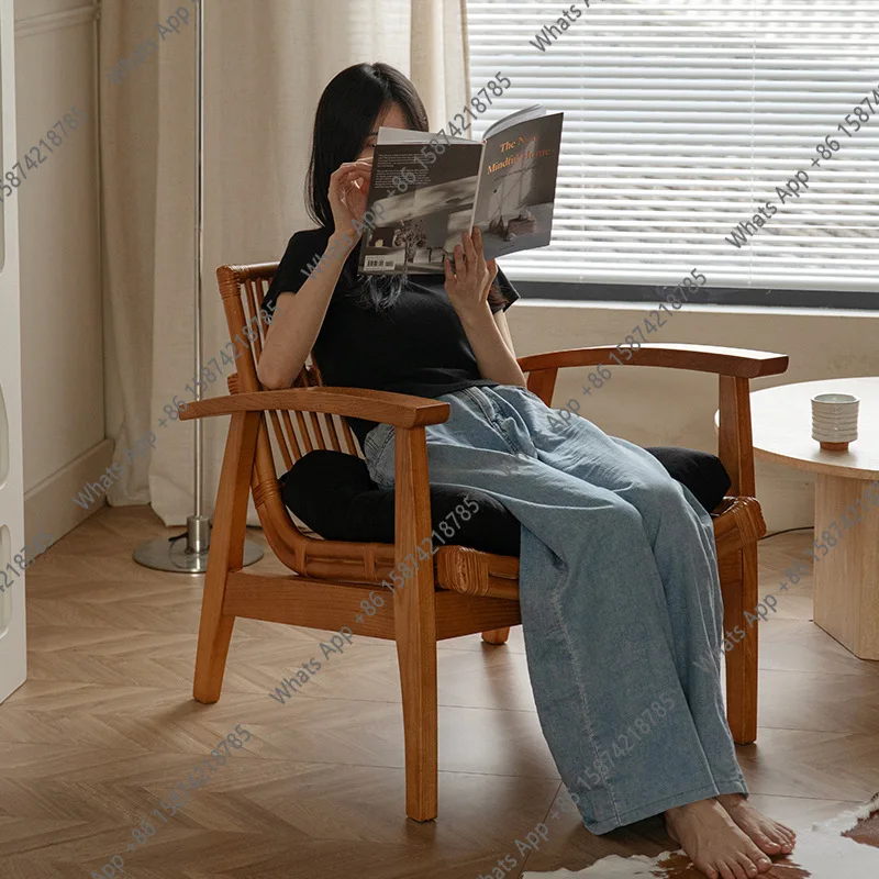 

XSecond-hand Solid Wood Rattan Lounge Chair, Wabi-sabi Style Retro Single Sofa Chair, Living Room Balcony, Tea Table And Chair L