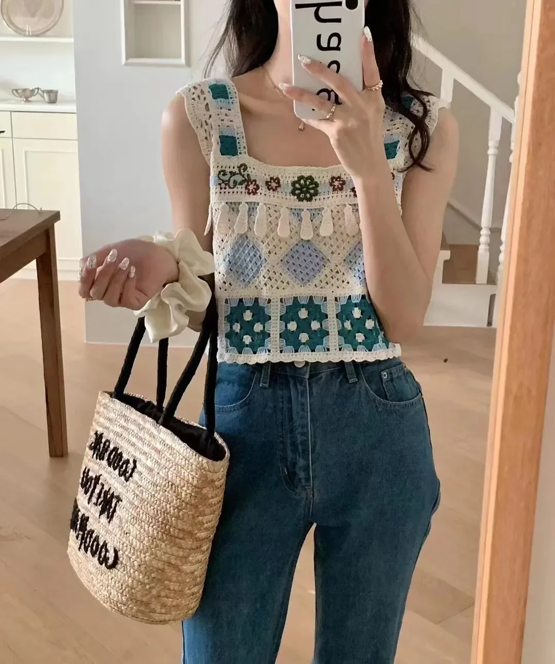 Granny Square Crochet Cami Top Open Knit Fringed Sleeveless Square Neck Crop Top Women\'s Summer Fairycore Cottagecore Outfit