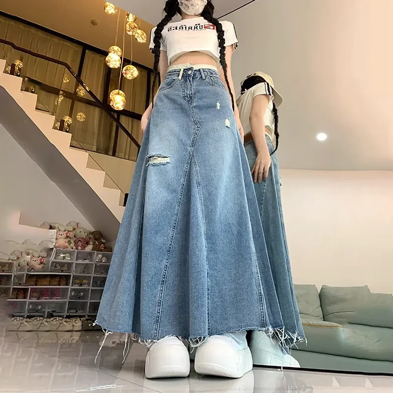 

Vintage Ripped Denim Skirt Women's Spring Summer New Fashion High Waist Slimming Medium Long Fur A- line Hip Fishtail Skirt