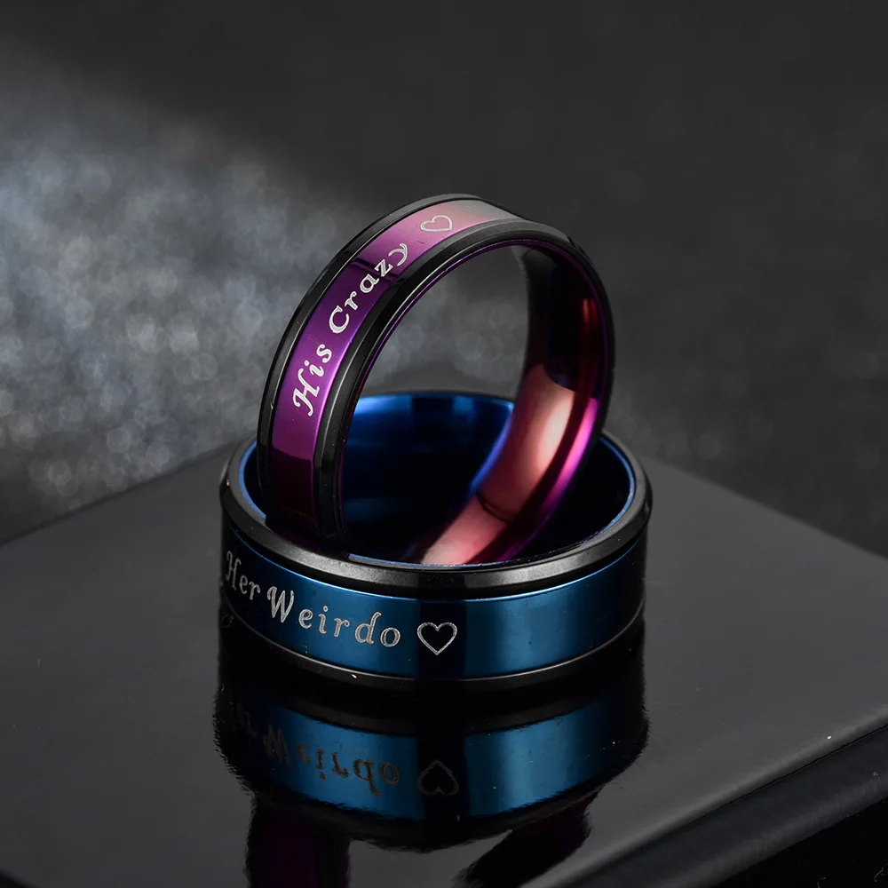 NUOBING Fashion His Carzy HER Weirdo Couple Ring HeartStainless Steel Wedding Ring for Women Men Jewelry Blue/Purple Color Ring