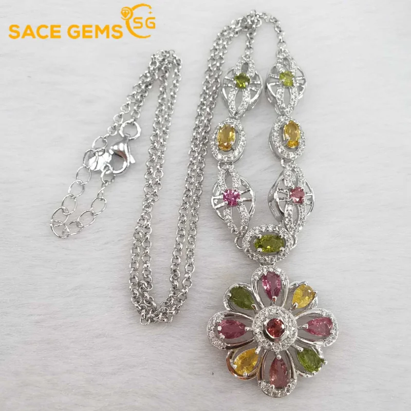 SACE GEMS Luxury 925 Sterling Silver Natual Tourmaline Pendant Necklaces for Womne Sparkling Fine Jewelry Christmas Present