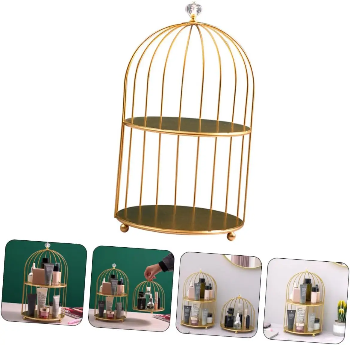 1pc, metal birdcage cosmetic organizer with double base for bathroom living room, perfume storage