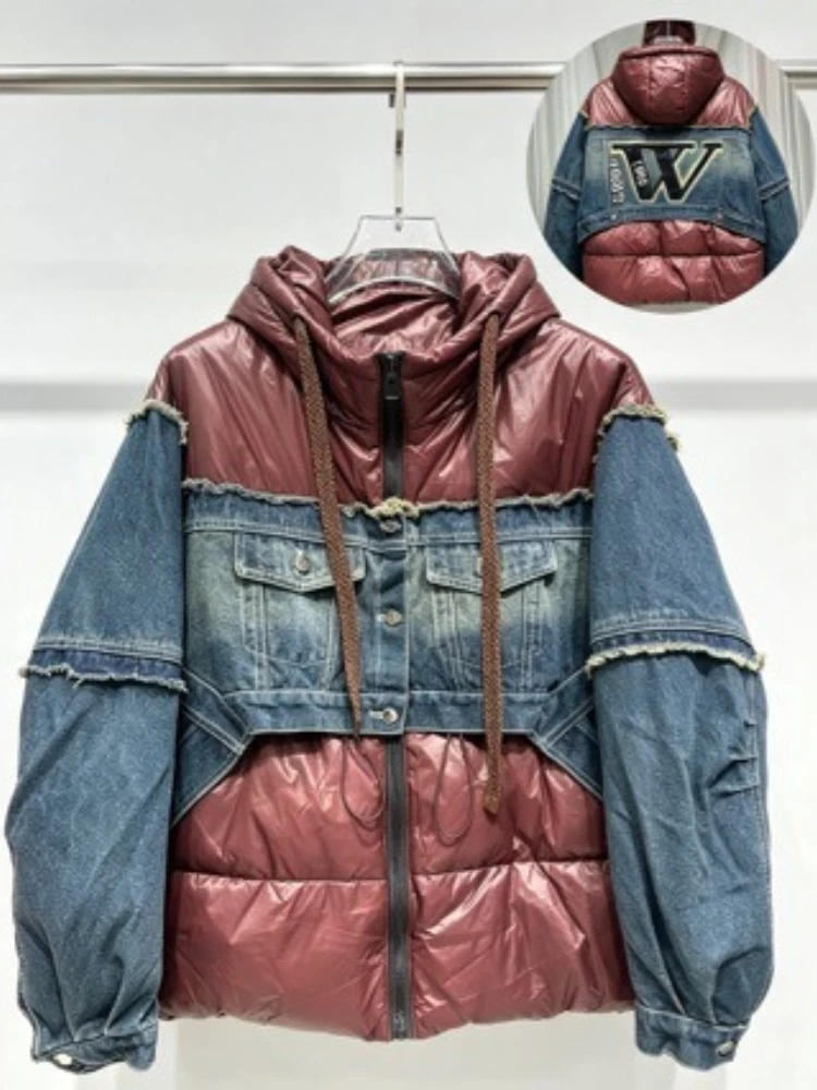 2026 Puffer Coat Winter New European Fashion Denim Patchwork Short Thick Warm Oversized Hood Large Size Ladies Outerwear