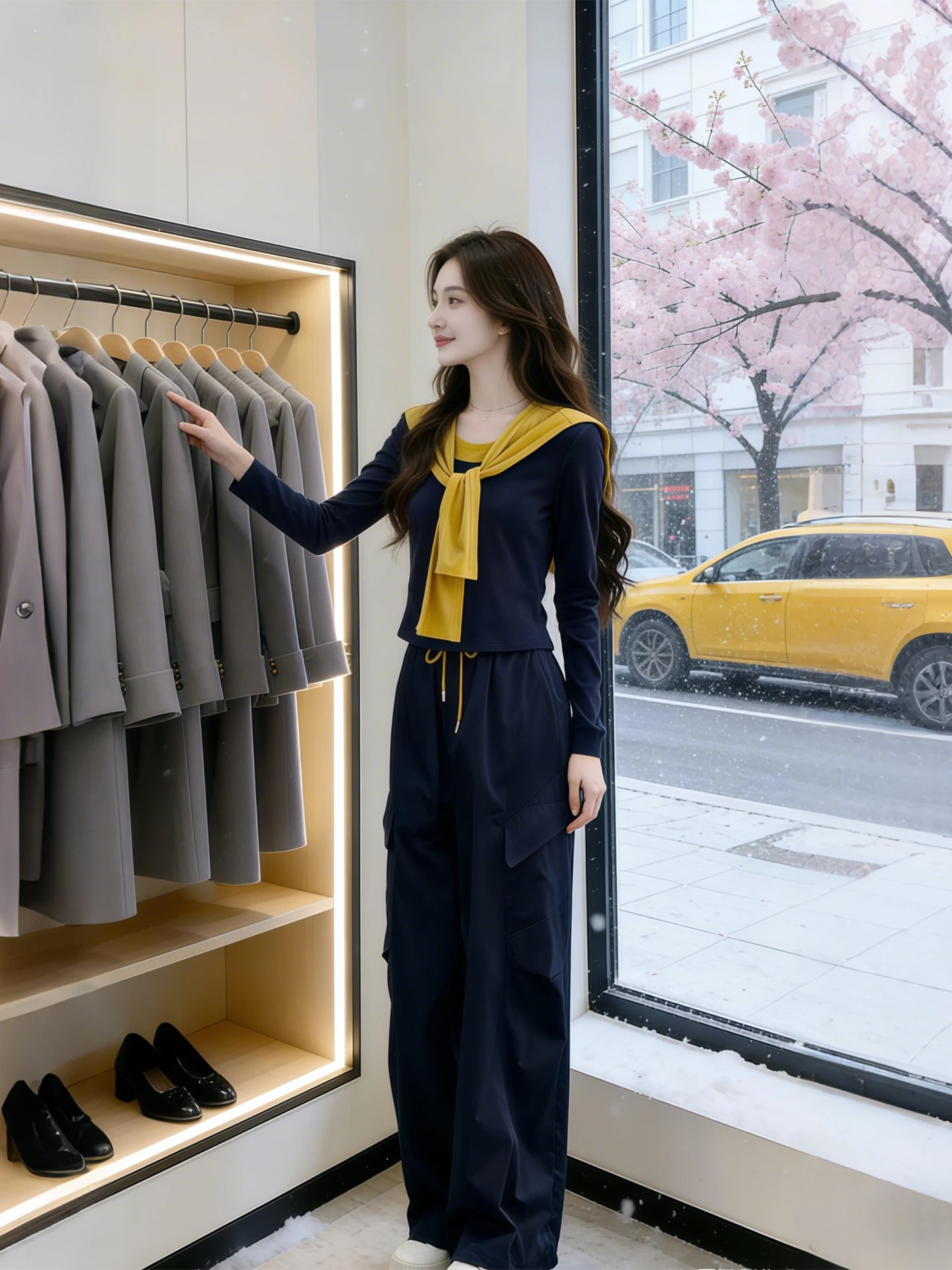 

Spring 2026 Women's Knitted Top And Wide Leg Pants Set Casual Navy Collar Two Piece Suit Spring Fashion Ensemble