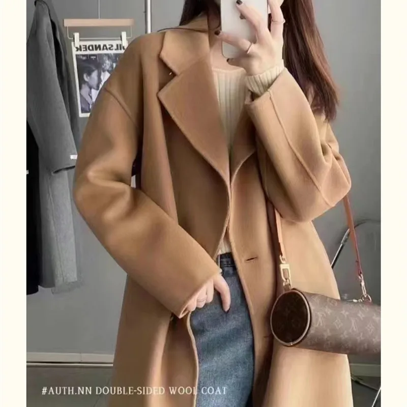 Autumn and Winter Tweed Coat Women Korean Fashion Luxury Solid Color Loose Oversized Double-breasted Long Jackets for Women