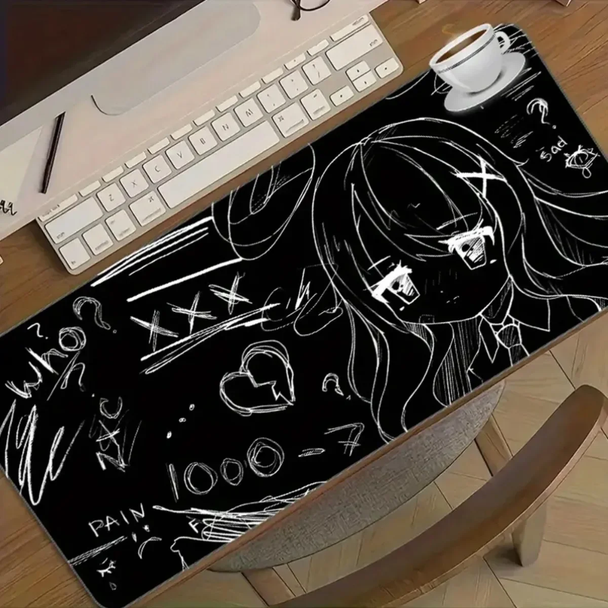 Anime Themed Monochrome Mouse Pad Non-Slip Rubber Seamless Edge Gaming Mat for Artists & Desktops