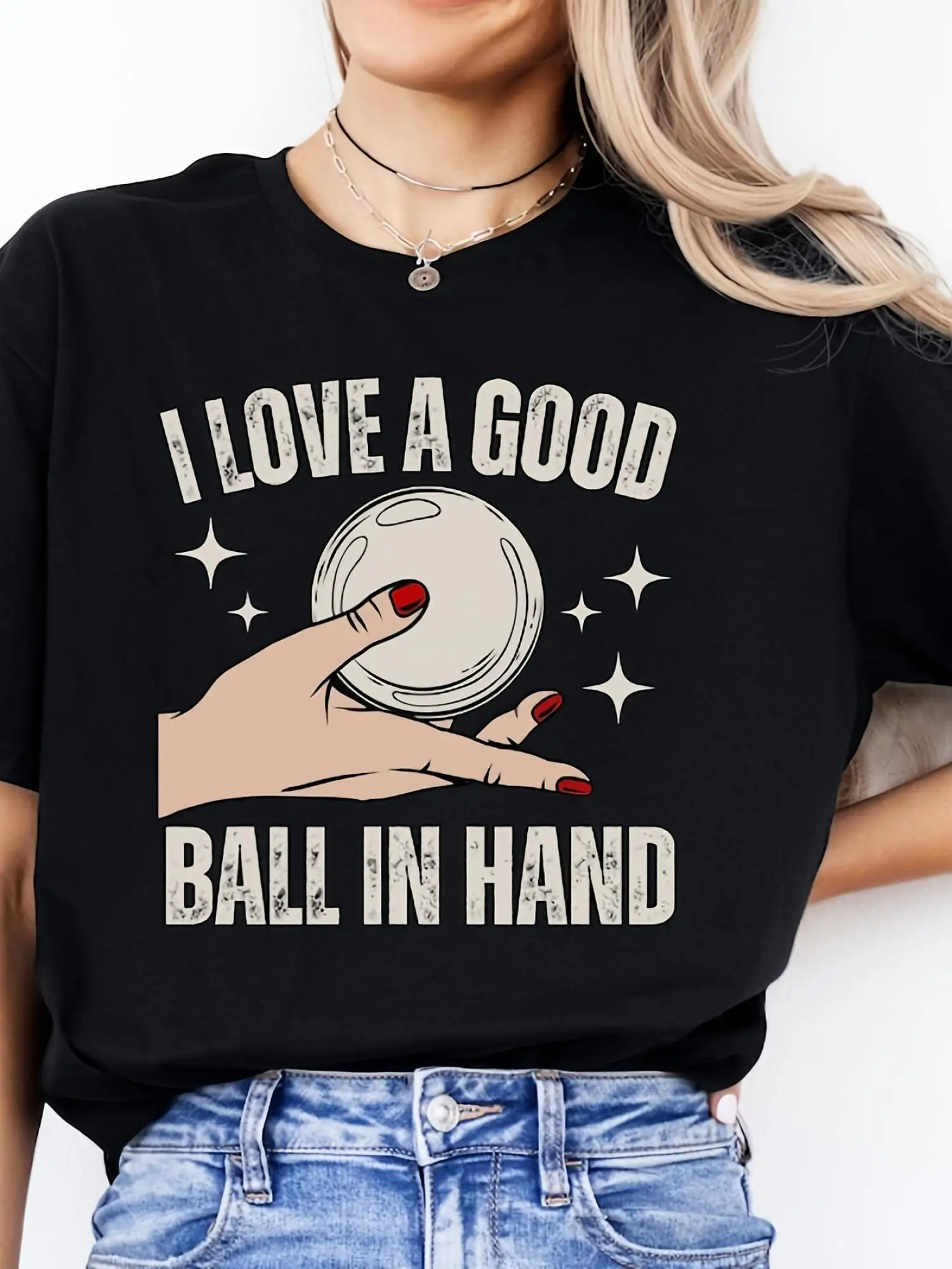 

Women's Funny Pool Player T-Shirt I Love a Good Ball in Hand Graphic Black Cotton Knit Casual for Billiards Enthusiasts Sport