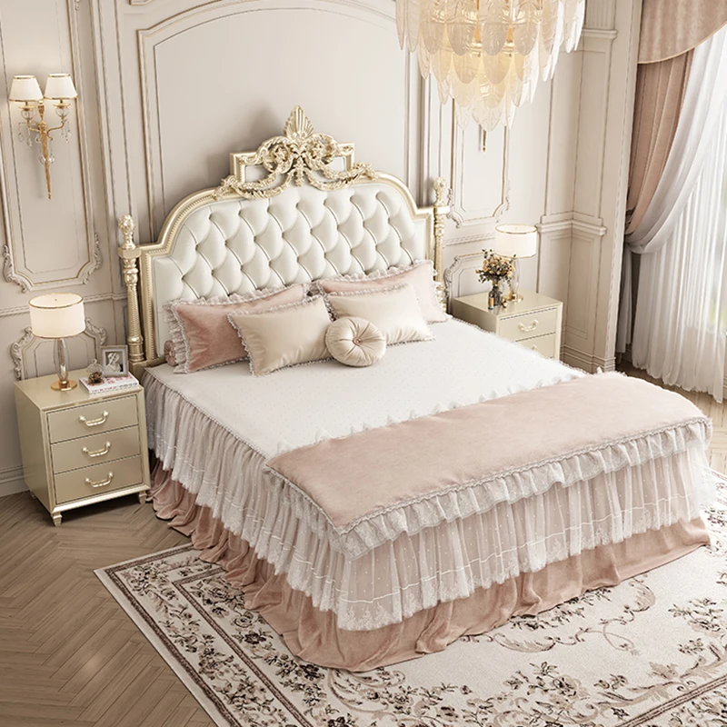 Leather Storage Double Bed Frame European Style White Wood Luxury Queen Bed Headboards Bedroom Cama Matrimonial Furniture Home